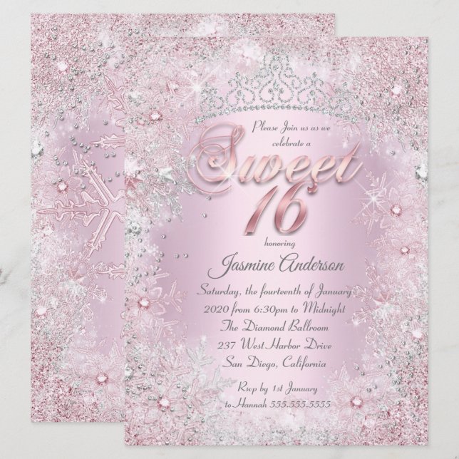 Convites Tiara de Natal Rosa Prata Sweet 16 (Frente/Verso)