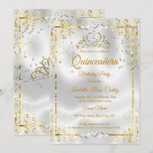 Convites Tiara de Ouro Branco Quinceanera Corações de Diama