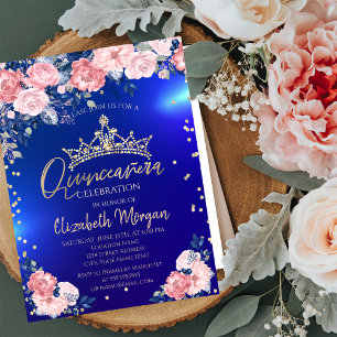 Convites Tiara de Ouro Diamantes Rosas Azul Quinceañera