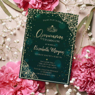 Convites Tiara de Ouro Verde Chic, Diamantes Quinceañera