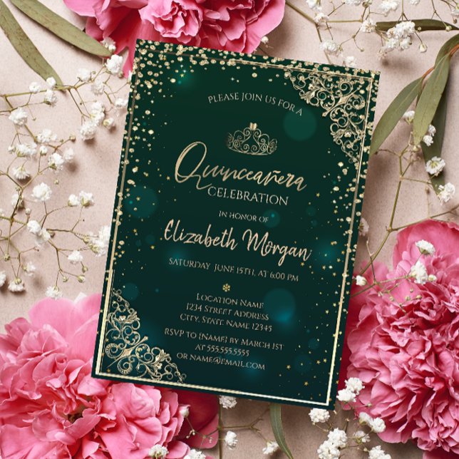 Convites Tiara de Ouro Verde Chic, Diamantes Quinceañera (Criador carregado)