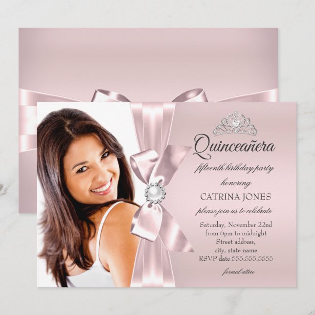 Convites Tiara de Pérola de Rosa Quinceanera com Arco de Di (Frente/Verso)