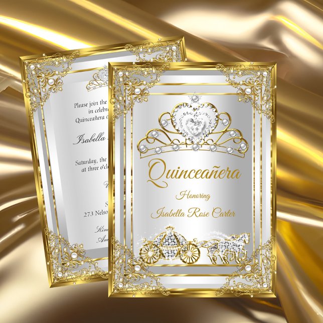Convites Tiara de Pérola Dourada Branca carruagem de Quince (Criador carregado)