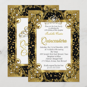 Convites Tiara de Pérola Negra Dourada Quinceanera brilha