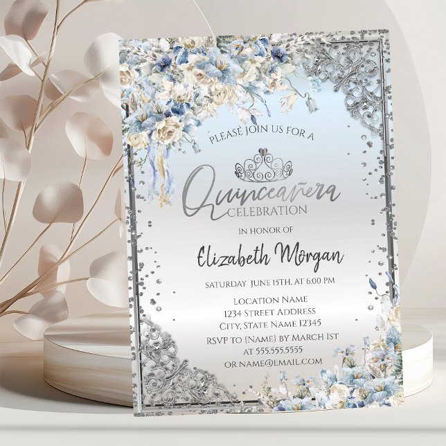 Convites Tiara de Prata, Diamantes Flores Azuis Quinceañera (Criador carregado)
