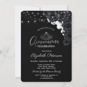 Convites Tiara de Prata,Rosas Pretas Iluminadas Quinceañera