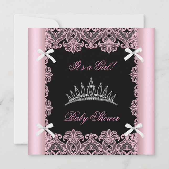 Convites Tiara de Princesa Menina Chuveiro de Bebê Rosa com (Frente)