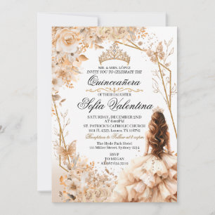 Convites Tiara de Princesa Menina Quinceañera Bege e Dourad