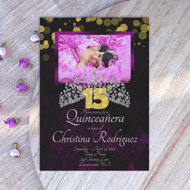 Convites Tiara de Quinceanera Preta, Dourada, Violeta Convi (royal purple, gold, silver quinceanera invitations)