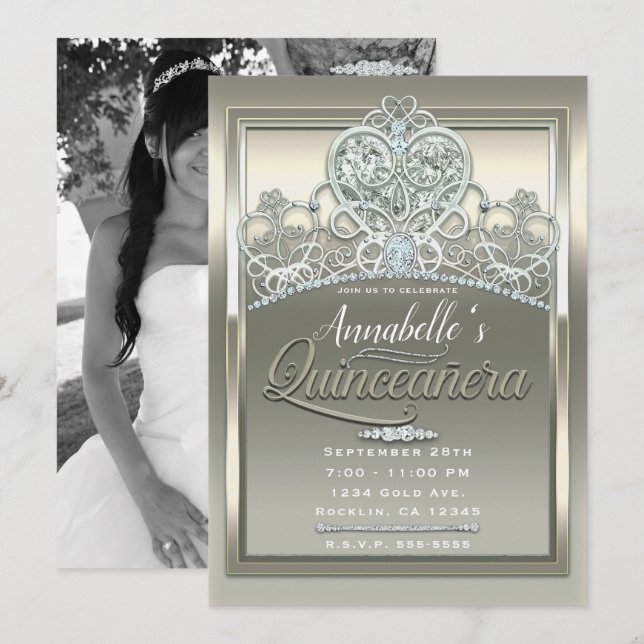 Convites Tiara de Quinceañera Princesa Coração de Marfim em (Frente/Verso)
