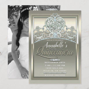 Convites Tiara de Quinceañera Princesa Marfim Platina Coraç