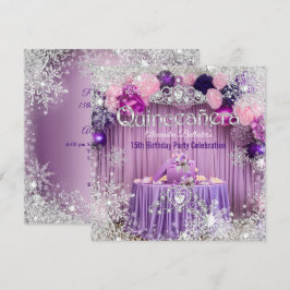 Convites Tiara de Quinceanera Roxo Rosa Prata Floco de Neve