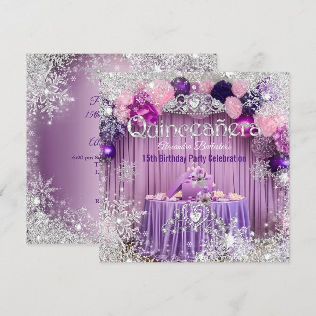 Convites Tiara de Quinceanera Roxo Rosa Prata Floco de Neve (Frente/Verso)