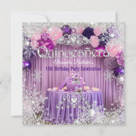 Convites Tiara de Quinceanera Roxo Rosa Prata Floco de Neve