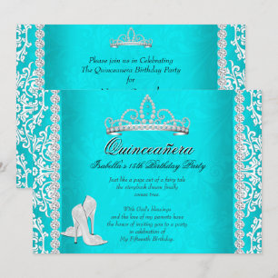 Convites Tiara de Saltos Altos Aqua para 15 Anos de Idade