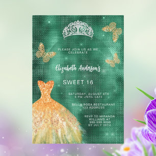 Convites Tiara de vestido de ouro verde esmeralda luxuoso S