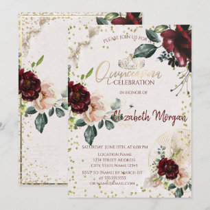 Convites Tiara, Diamantes Rosas Borgonha Quinceañera