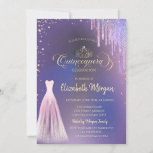 Convites Tiara, Diamantes Vestido Goteja Violeta Quinceañer