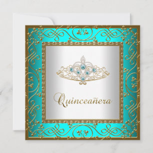 Convites Tiara Dourada Azul Turquesa Quinceanera