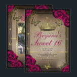 Convites Tiara Dourada Borboletas Rosas Magenta Sweet 16<br><div class="desc">Personalize da maneira que quiser.

Substitua a foto na parte de trás com a sua própria foto ou remova a foto completamente.</div>