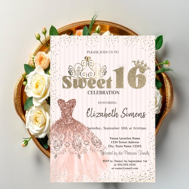 Convites Tiara Dourada,Confete,Vestido,Fundo Listrado Sweet (Criador carregado)