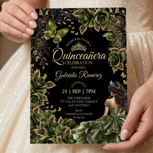 Convites Tiara Dourada de Preto e Esmeralda Verde Quinceañe