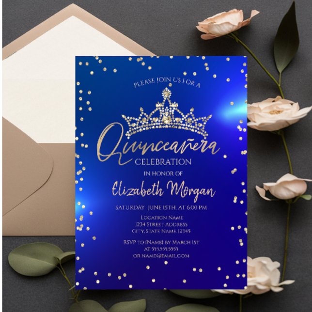 Convites Tiara Dourada Diamantes Azul Quinceañera (Criador carregado)