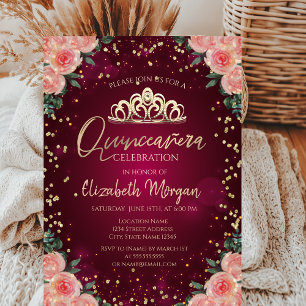 Convites Tiara Dourada, Diamantes Floral Burgundy Quinceañe