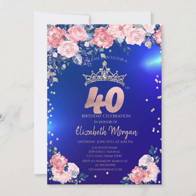 Convites Tiara Dourada Diamantes Flores Azul 40º Aniversári (Frente)