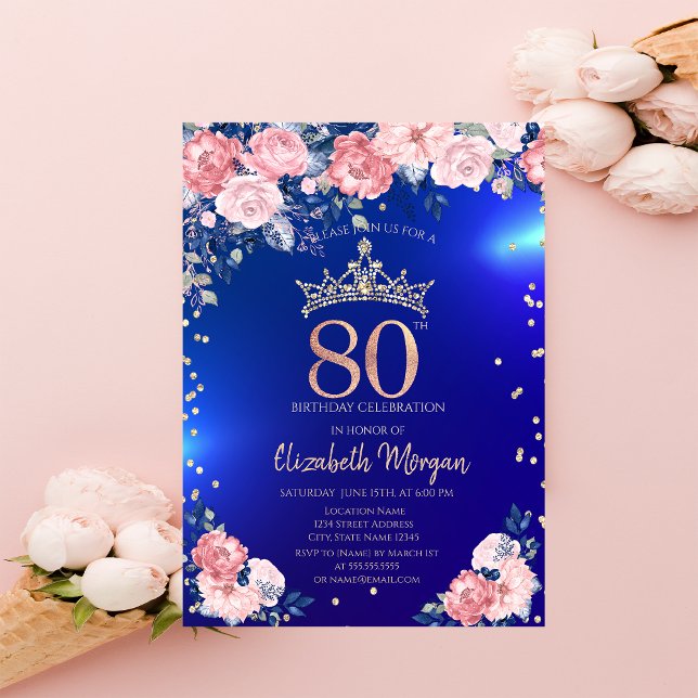 Convites Tiara Dourada Diamantes Flores Azul 80º Aniversári (Criador carregado)