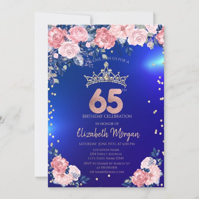 Convites Tiara Dourada Diamantes Flores Azul Aniversário de (Frente)