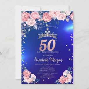Convites Tiara Dourada Diamantes Flores Azul Aniversário de