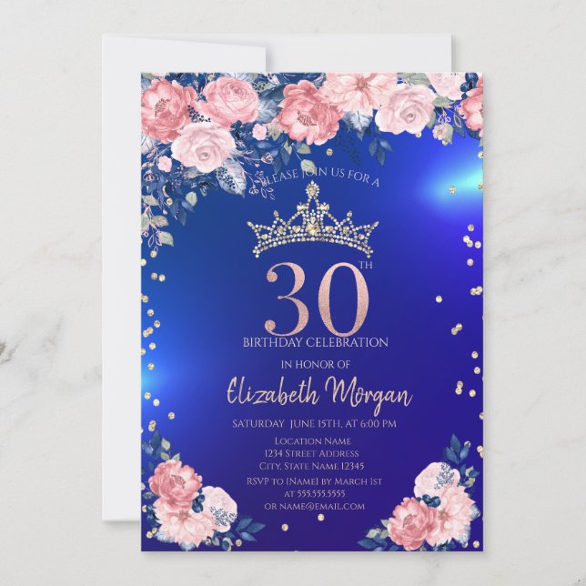Convites Tiara Dourada Diamantes Flores Azul Aniversário de (Frente)