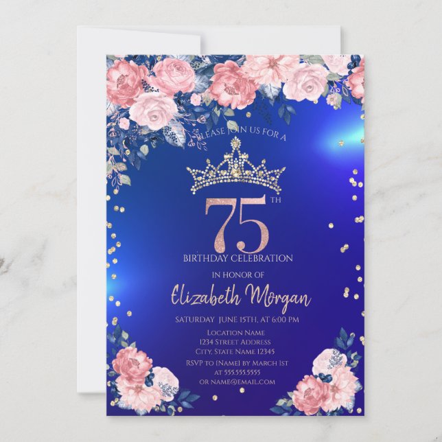 Convites Tiara Dourada Diamantes Flores Azul Aniversário de (Frente)