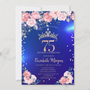 Convites Tiara Dourada Diamantes Flores Azul Aniversário de