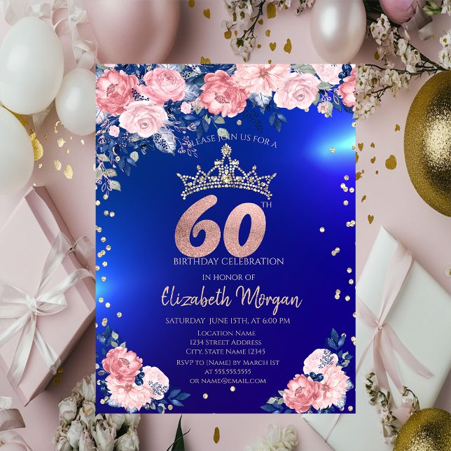 Convites Tiara Dourada Diamantes Flores Azul Aniversário de (Criador carregado)