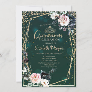 Convites Tiara Dourada, Diamantes Flores Chic Quinceañera