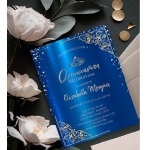 Convites Tiara Dourada, Diamantes Quinceañera Azul Metálico