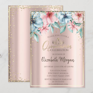 Convites Tiara Dourada,Diamantes,Quinceañera Floral em Dour