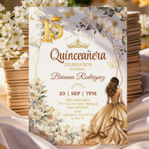 Convites Tiara Dourada Floral Bege Quinceañera 