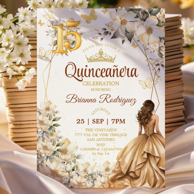 Convites Tiara Dourada Floral Bege Quinceañera  (Criador carregado)
