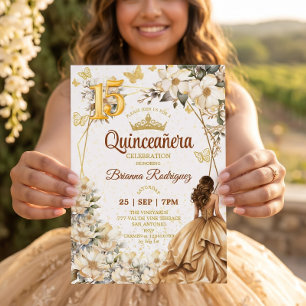 Convites Tiara Dourada Floral Bege Quinceañera 