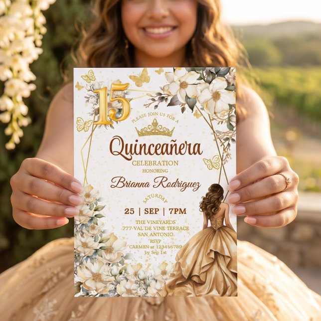 Convites Tiara Dourada Floral Bege Quinceañera  (Criador carregado)