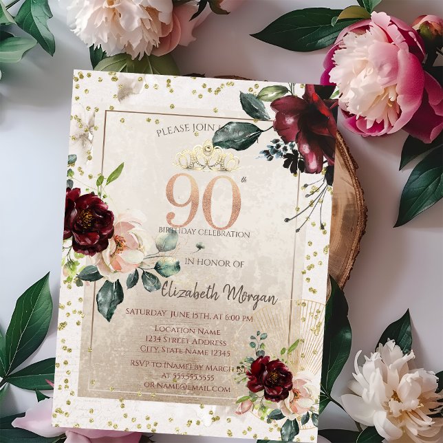 Convites Tiara Dourada, Flores Borgonha  Aniversário de 90  (Criador carregado)