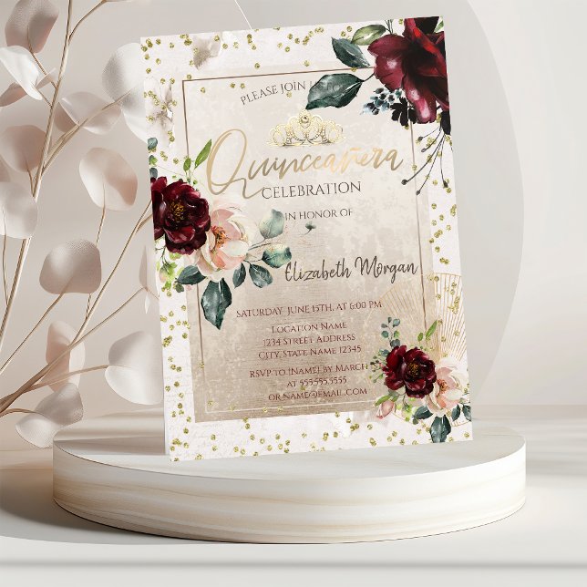 Convites Tiara Dourada, Flores Borgonha Quinceañera (Criador carregado)