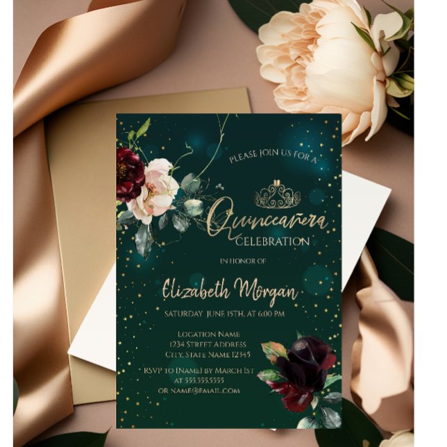 Convites Tiara Dourada, Flores Borgonha Verde Quinceañera  (Criador carregado)