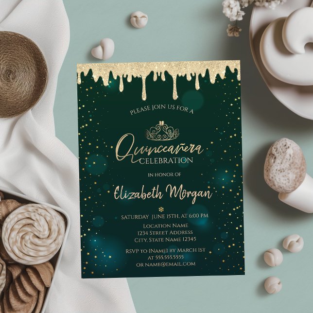 Convites Tiara Dourada, Gotas de Brilho Verde Quinceañera (Criador carregado)