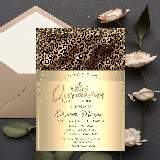 Convites Tiara Dourada, Quinceañera de Impressão de Leopard (Criador carregado)