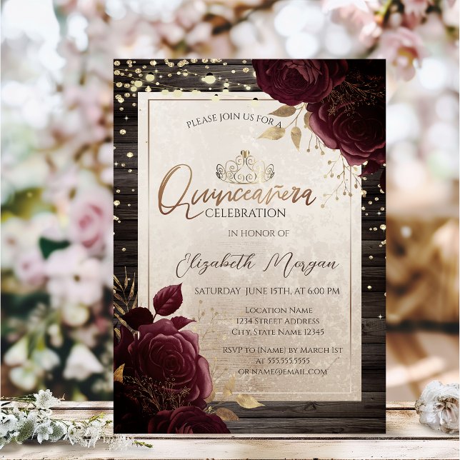 Convites Tiara Dourada, Rosas Burgundy de Madeira Quinceañe (Criador carregado)