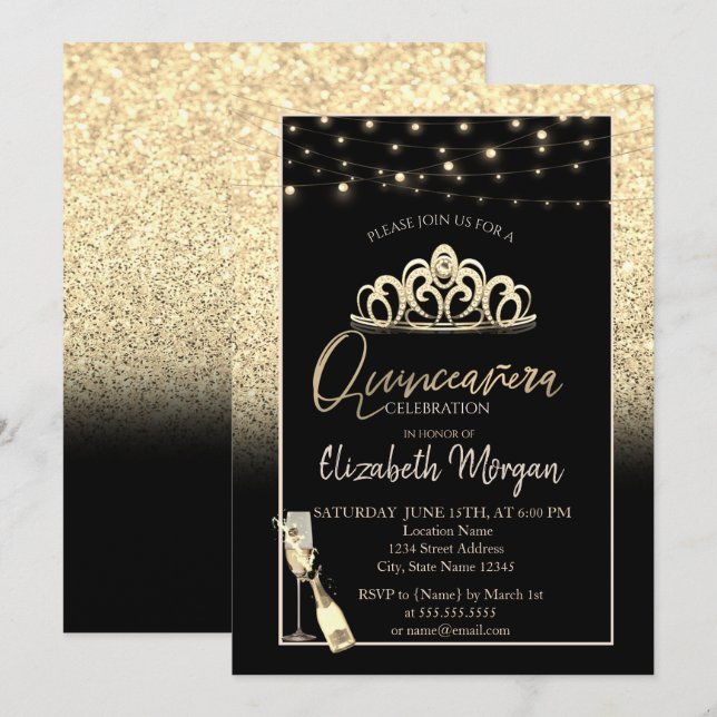 Convites Tiara Dourada, Taça de Vinho Brilho Quinceañera (Frente/Verso)